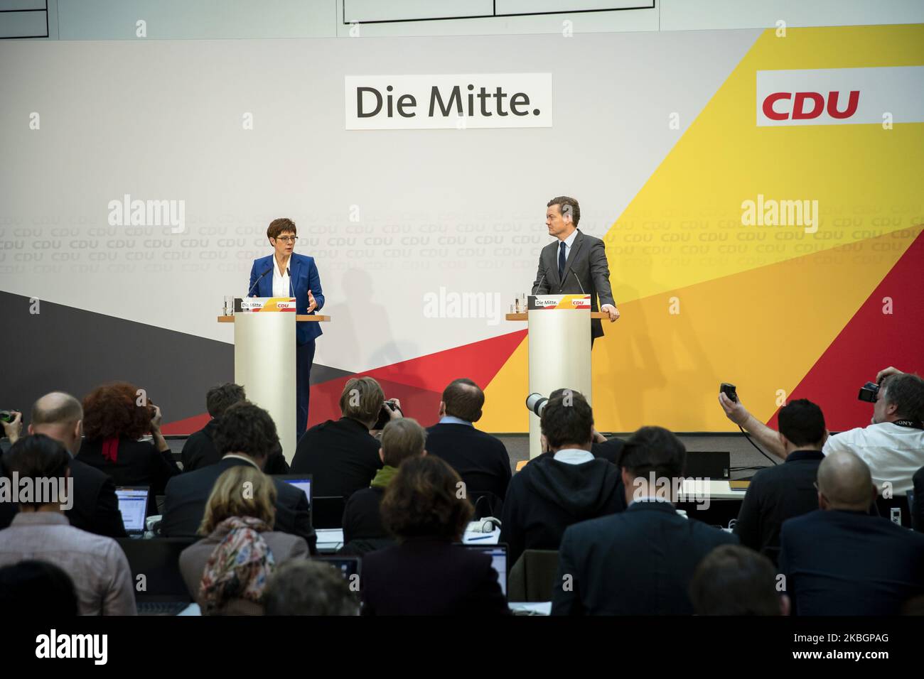 La présidente du Parti démocrate-chrétien allemand (CDU) Annegret Kramp-Karrenbauer annonce de renoncer à la direction du parti lors d'une conférence de presse à la Konrad Adenauer Haus à Berlin, en Allemagne, sur 10 février 2020. (Photo par Emmanuele Contini/NurPhoto) Banque D'Images