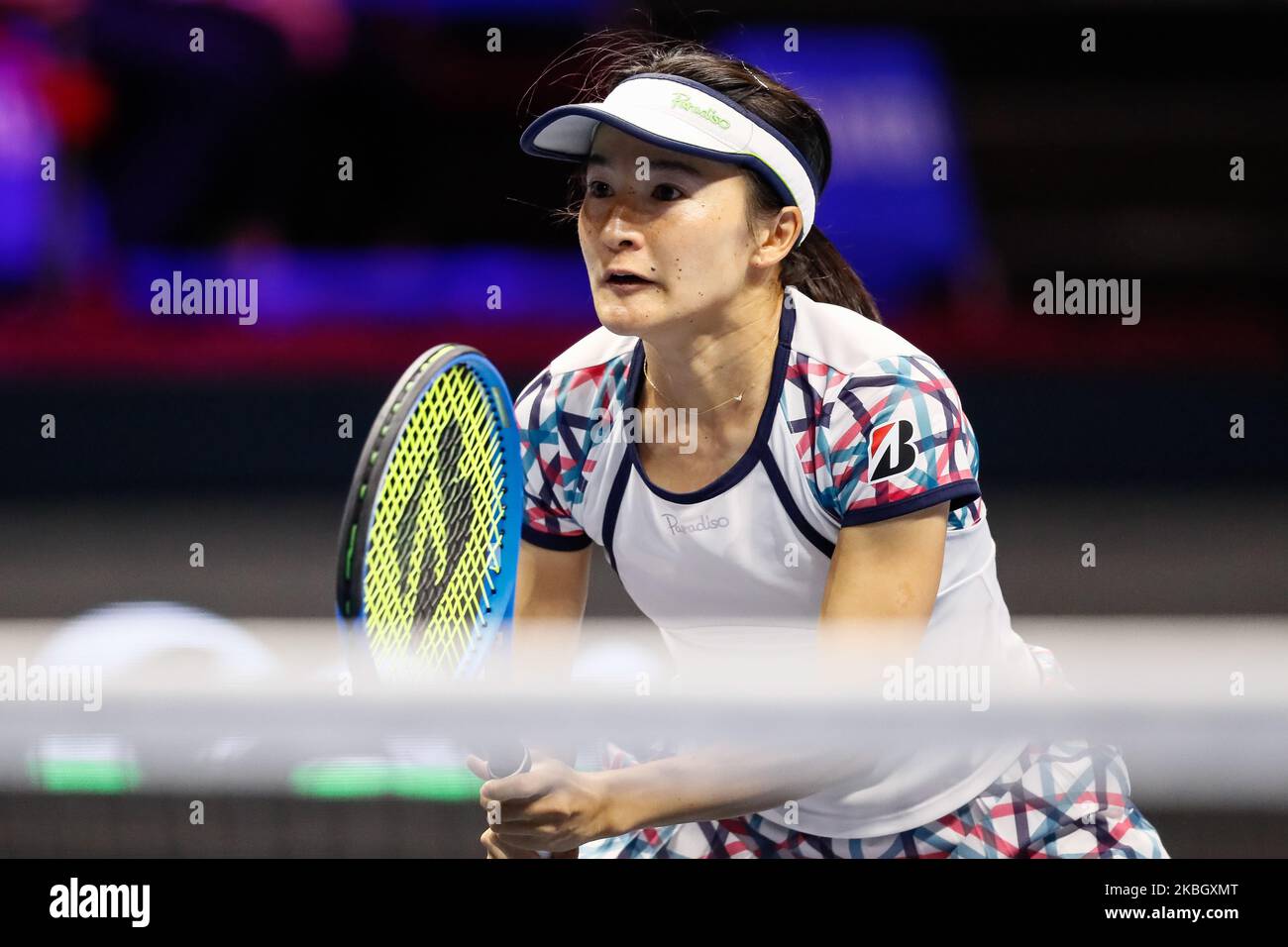 Shuko Ayoama du Japon en action pendant son match de quart de finale de double féminin avec la partenaire Ena Shibahara (non vu) contre Anastasia Potapova de Russie et Yulia Putintseva du Kazakhstan à 2020 WTA St Petersbourg Ladies Trophée Tournoi de tennis sur 13 février 2020 à Saint Petersbourg, Russie. (Photo de Mike Kireev/NurPhoto) Banque D'Images