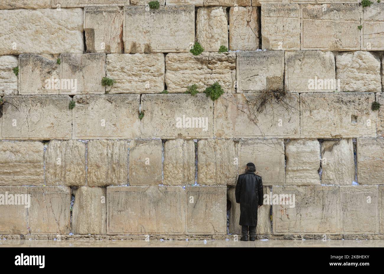 Un homme prie le mur occidental, le lieu de prière le plus sacré du judaïsme, dans la vieille ville de Jérusalem, vendredi, 7 février 2020, à Jérusalem, Israël. (Photo par Artur Widak/NurPhoto) Banque D'Images