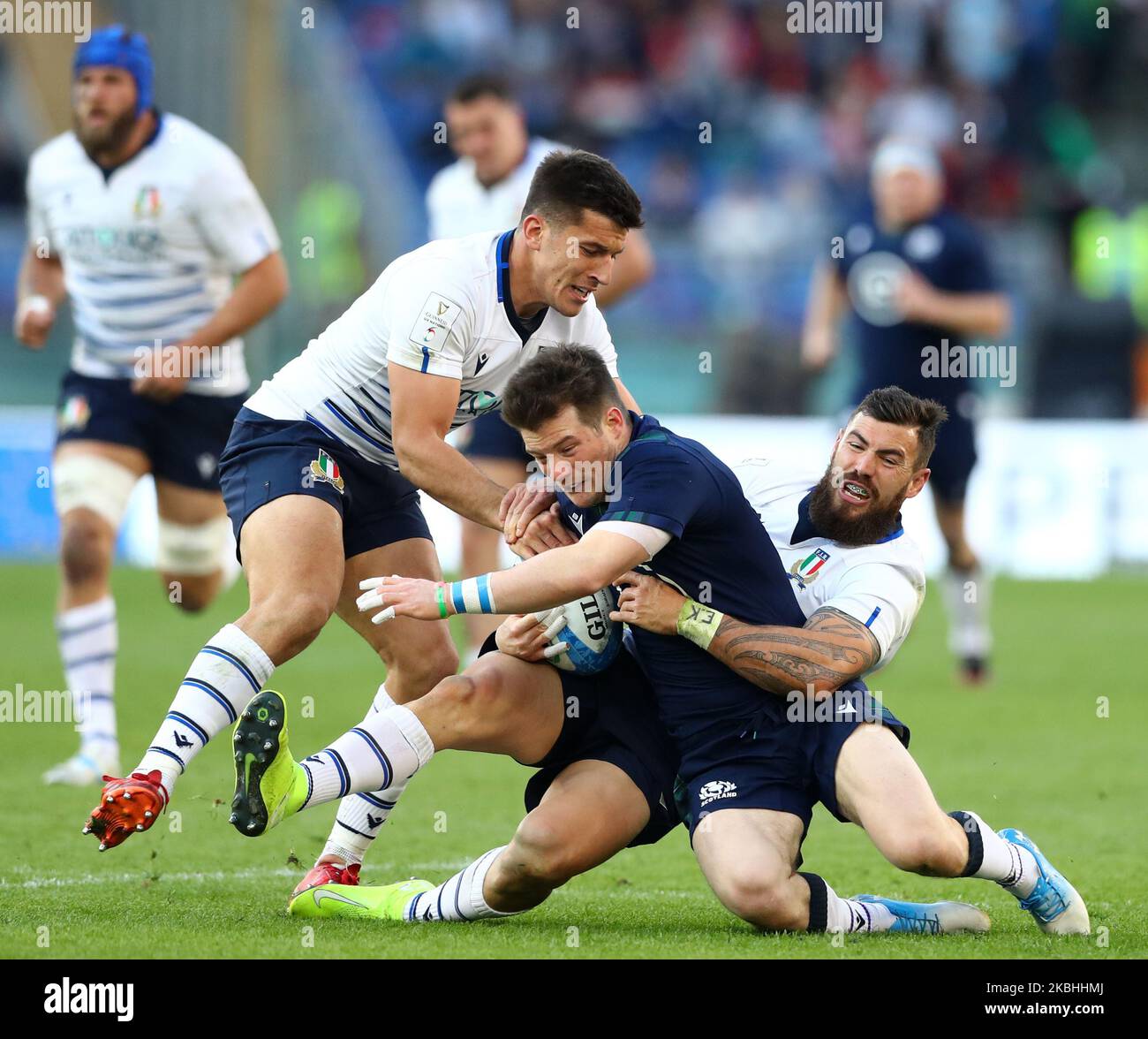 George Horne d'Écosse affronté par Tommaso Allan et Jayden Hayward d'Italie pendant le match de rugby Guinness 6 Nations Italie / Ecosse au stade Olimpico à Rome, Italie sur 22 février , 2020 photo Matteo Ciambelli / NurPhoto (photo de Matteo Ciambelli/NurPhoto) Banque D'Images