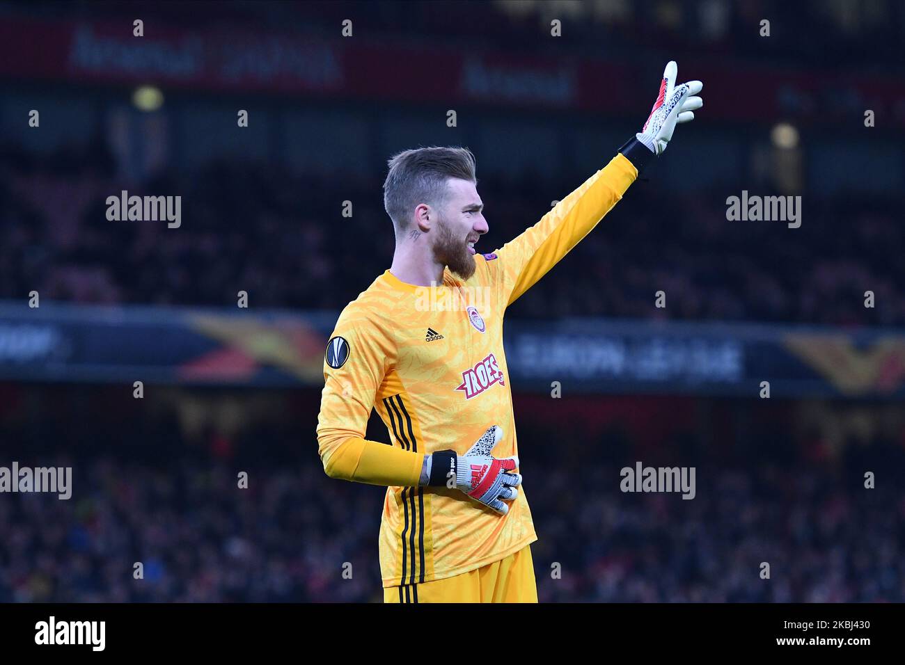 Le gardien de but José sa d'Olympiacos FC regarde réagit lors de l'Europa League Round of 32 2nd Leg entre Arsenal et Olympiakos au stade Emirates, Londres, Angleterre, le 27 février 2020. (Photo par MI News/NurPhoto) Banque D'Images