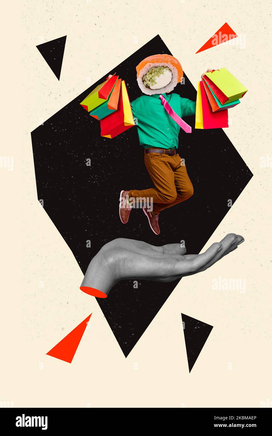 Image de collage vertical de la main noire blanche sautant la paume mini gars sushi roll au lieu de la tête tenir les sacs isolés sur fond créatif Banque D'Images