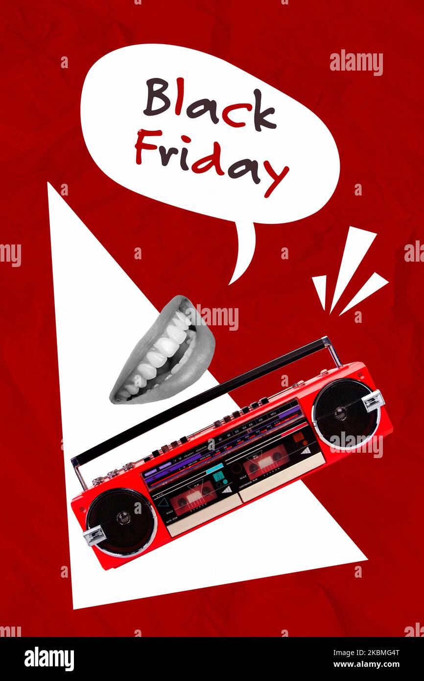 Montage vertical de boombox vintage parlant bouche souriante noir blanc couleurs noir vendredi offre spéciale isolée sur fond créatif Banque D'Images
