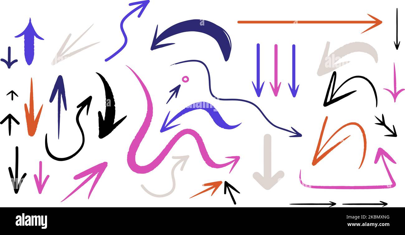 Méga jeu de différentes flèches dessinées à la main, encre, peinture, styles de pinceau, isolé Illustration de Vecteur