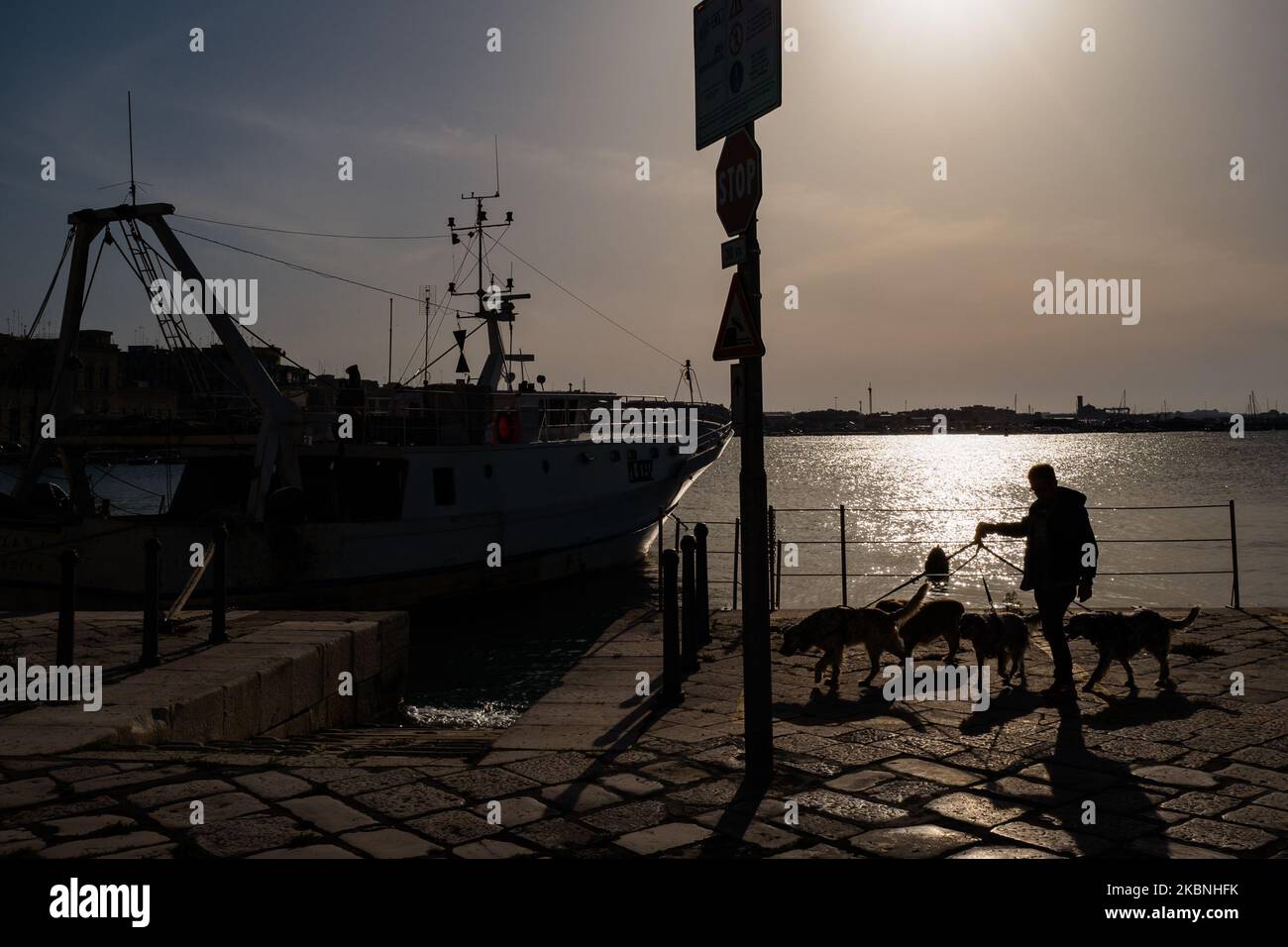 Un homme marchant avec ses chiens à Molfetta le 9 mai 2020. Le premier samedi de la phase 2 de l'urgence du coronavirus, il est autorisé à marcher à l'extérieur, à pratiquer des sports individuels et à utiliser des mesures de sécurité en cas de distances étroites entre les personnes. (Photo par Davide Pischettola/NurPhoto) Banque D'Images