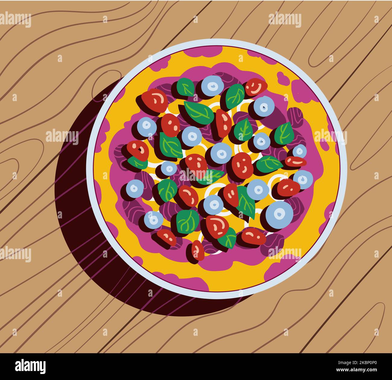 Délicieuse pizza sur une assiette sur une table en bois, illustration vectorielle de style plat Illustration de Vecteur