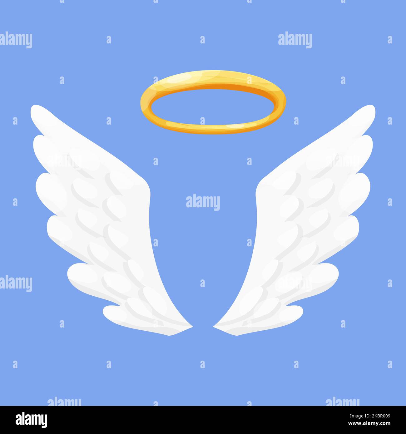 Ailes d'ange blanches avec halo, nimbus en style de dessin animé isolé sur fond bleu, élément de design pour la décoration. Illustration vectorielle Illustration de Vecteur