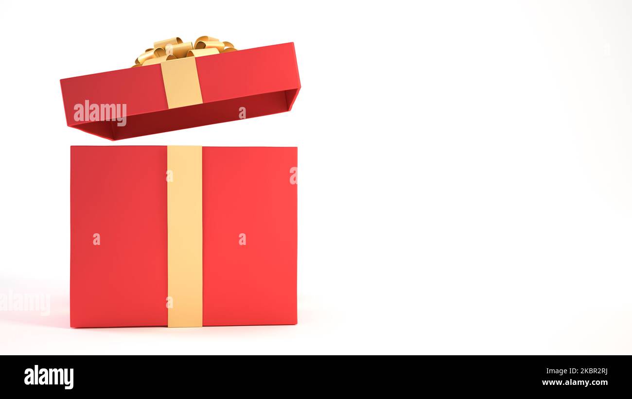 Boîte cadeau rouge ouverte avec ruban doré et noeud isolé sur fond blanc et espace de copie. Banque D'Images