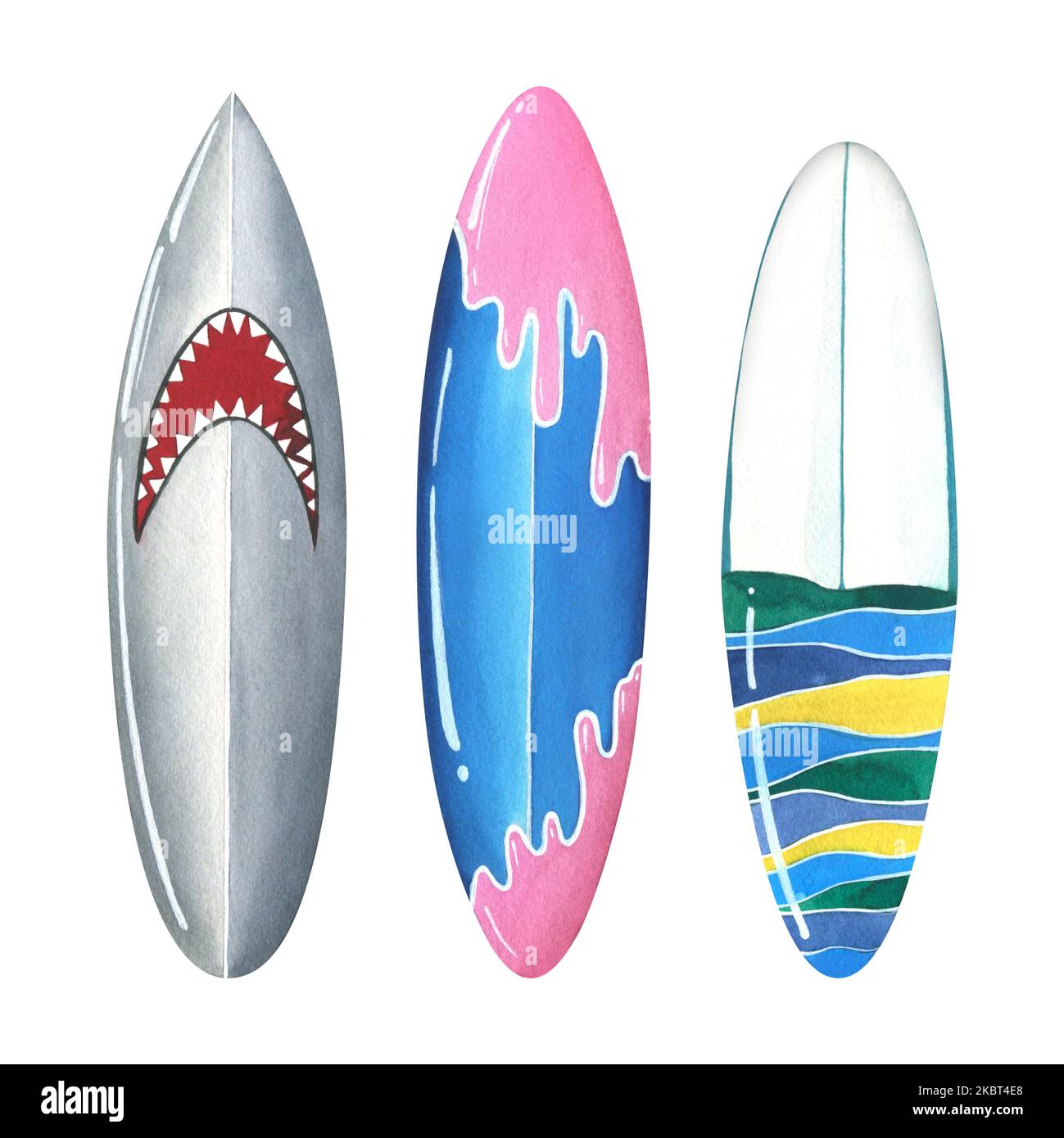 Les planches de surf sont multicolores, gris, rose, bleu rayé. Illustration aquarelle. Objets isolés sur fond blanc de la collection SURF Banque D'Images