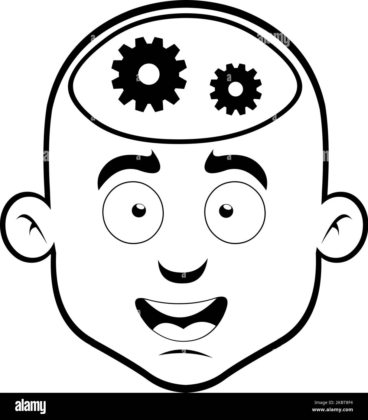 Illustration vectorielle de la face d'un personnage de dessin animé masculin avec des engrenages dans sa tête, dessinée en noir et blanc. Dans le concept de pensée de l'homme Illustration de Vecteur