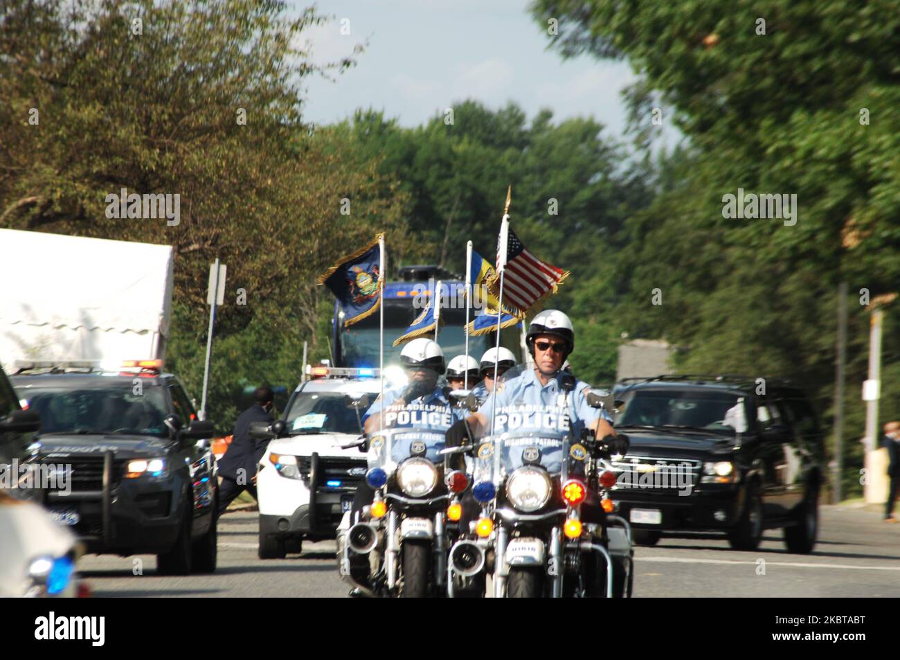 Le cortège du vice-président Mike Pence arrive au quartier général de l'ordre fraternel de la police à Philadelphie, en Pennsylvanie, sur 9 juillet 2020. (Photo par Cory Clark/NurPhoto) Banque D'Images