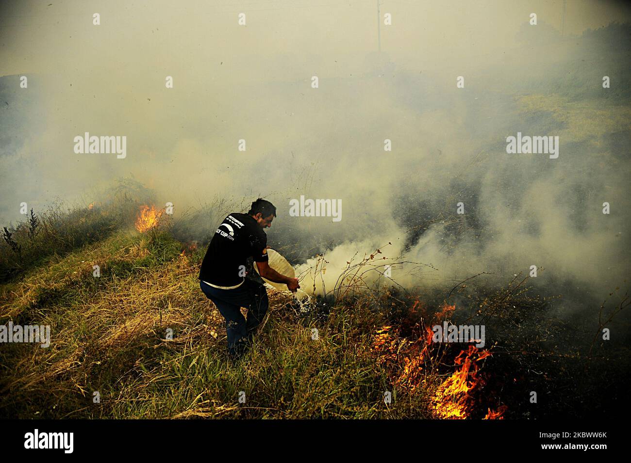 Un énorme feu de forêt est burnig entre les villages de Balgarin, Rogozinovo et la ville de Kharmanli, Bulgarie, qui sont situés à environ 30 kilomètres de la frontière bulgare-turque et le point de passage de Kapitan Andreevo et à 270 kilomètres de la capitale bulgare de Sofia. L'incendie de hude a fermé l'autoroute internationale Maritsa et maintenant avec l'incendie se battent plus de 300 personnes, les pompiers, l'armée, les volontaires et les gens des villages travaillent sur place. Au cours des deux dernières semaines, des incendies ont détruit plus de 30 000 acres, Kharmanli, Bulgarie sur 07 août 2020 (photo de Hristo Banque D'Images