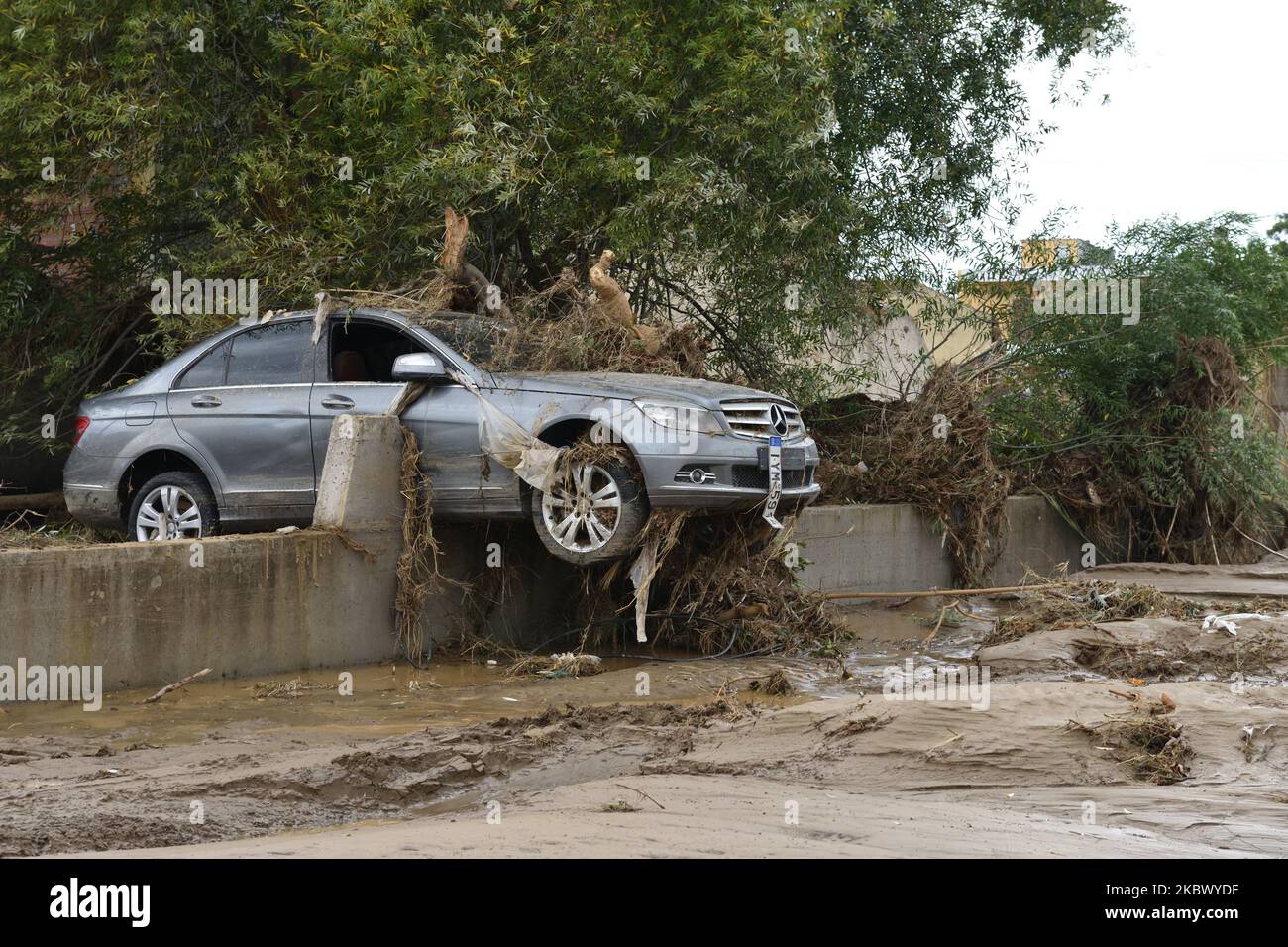 Des inondations soudaines ont frappé Bourtzi, dans le centre d'Euboea, en Grèce, sur 9 août 2020, causant des dommages matériels importants et faisant cinq morts. (Photo de Nicolas Koutsokostas/NurPhoto) Banque D'Images