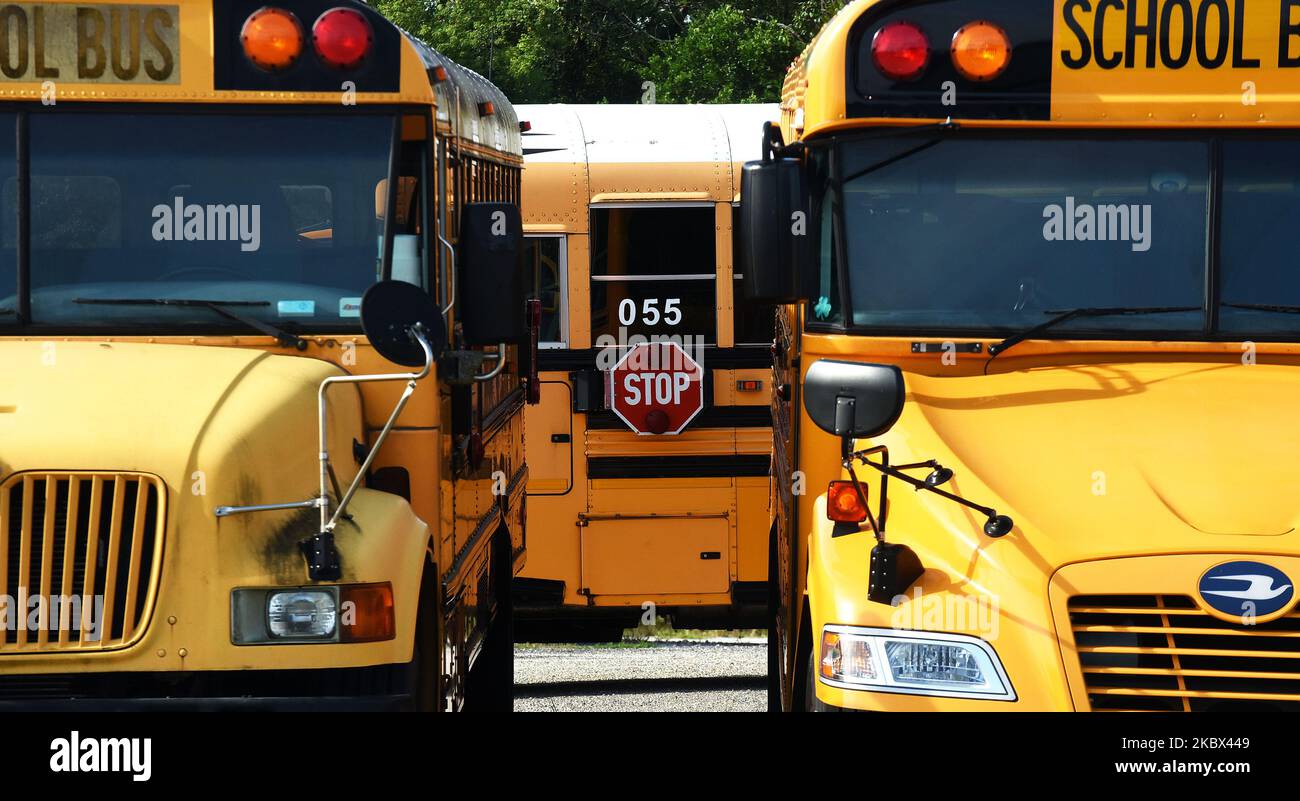 Les autobus scolaires sont garés au centre de transport de Winter Springs  des écoles publiques du comté de Seminole à 13 août 2020, à Winter Springs,  Floride, États-Unis. Lorsque les écoles du