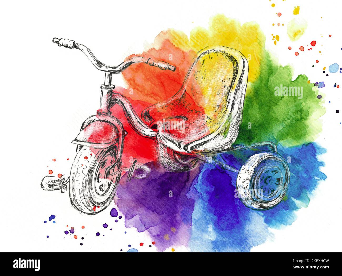 Illustration dessinée à la main d'un tricycle. Dessin à l'encre avec arrière-plan couleur eau. Banque D'Images