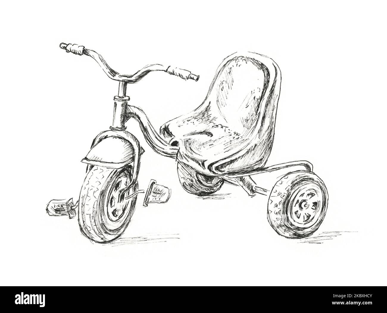 Illustration noire et blanche dessinée à la main d'un tricycle. Dessin à l'encre isolé sur fond blanc. Banque D'Images