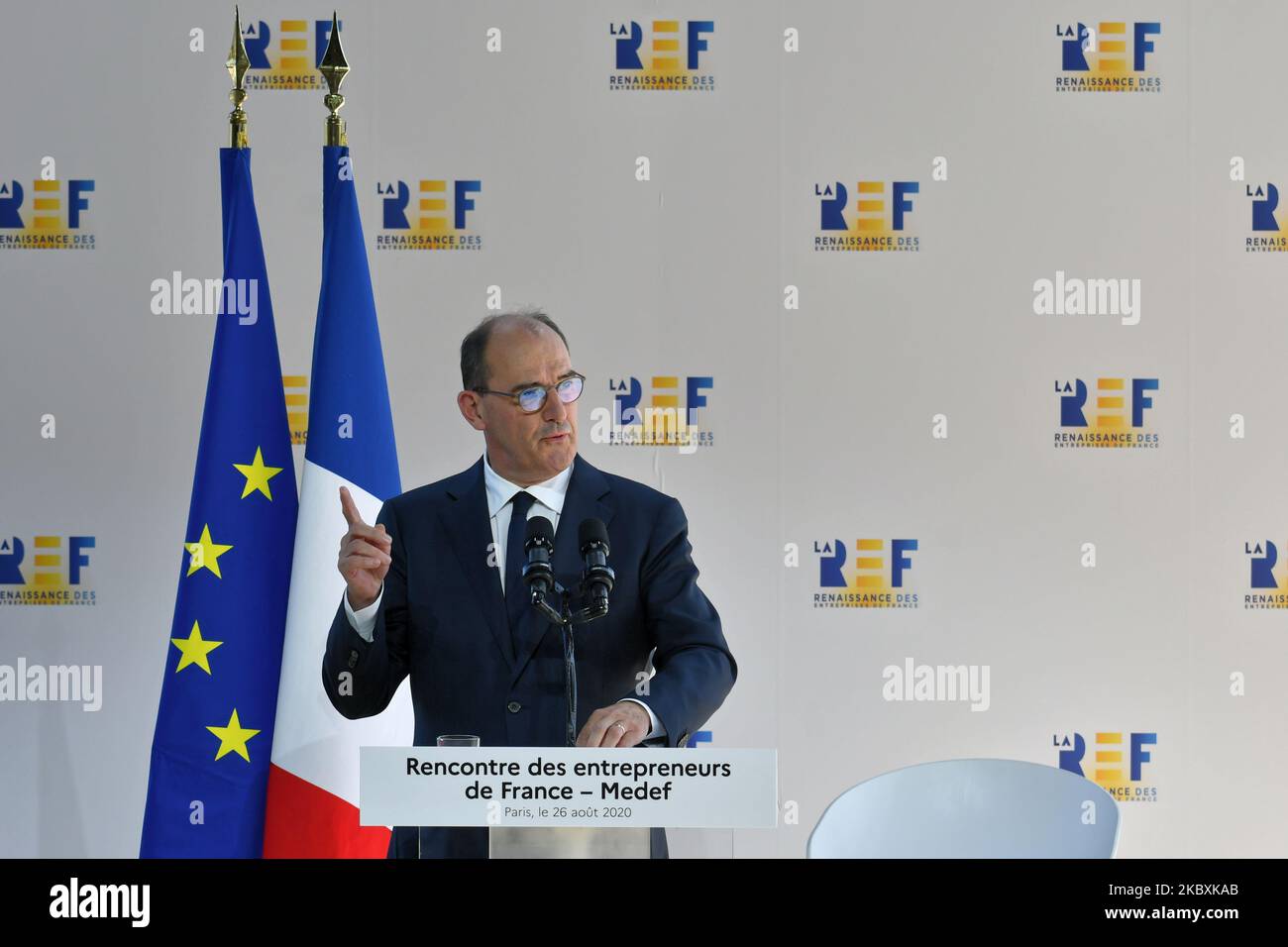 Le Premier ministre français Jean Castex prononce un discours lors de la réunion de l'association patronale française Medef sur le thème "la Renaissance des entreprises françaises" à 26 août 2020, à Paris, en France. (Photo de Daniel Pier/NurPhoto) Banque D'Images