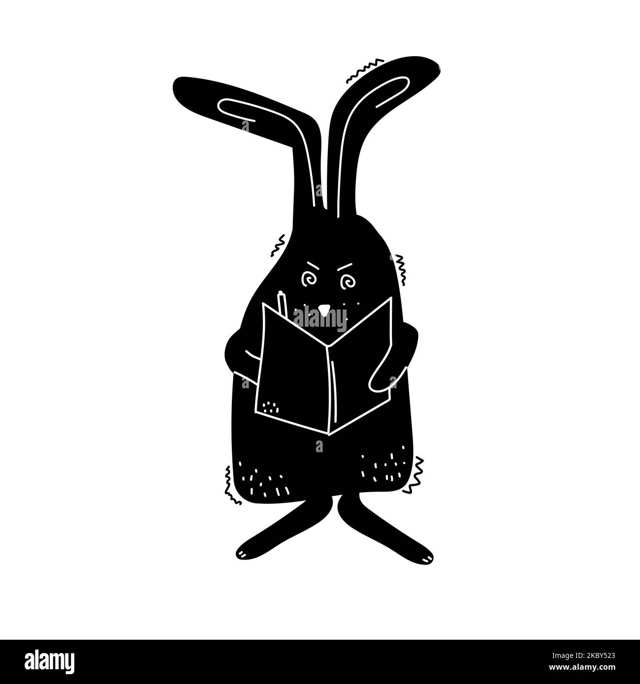 Un lapin en colère écrit dans un ordinateur portable. Lièvre noir - esquisse. Symbole de la nouvelle année 2023. Dessiné à la main. Caractère sinistre Illustration de Vecteur