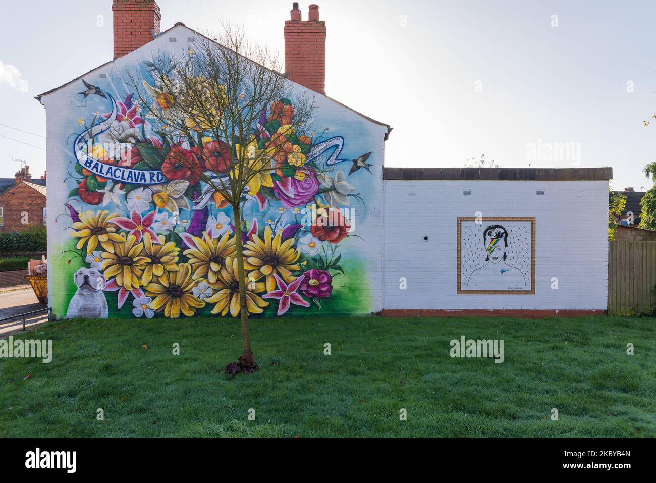 Peinture colorée de la faune et des fleurs peintes sur le mur d'extrémité d'une maison en terrasse à Balaclava Road, Kings Heath, Birmingham Banque D'Images