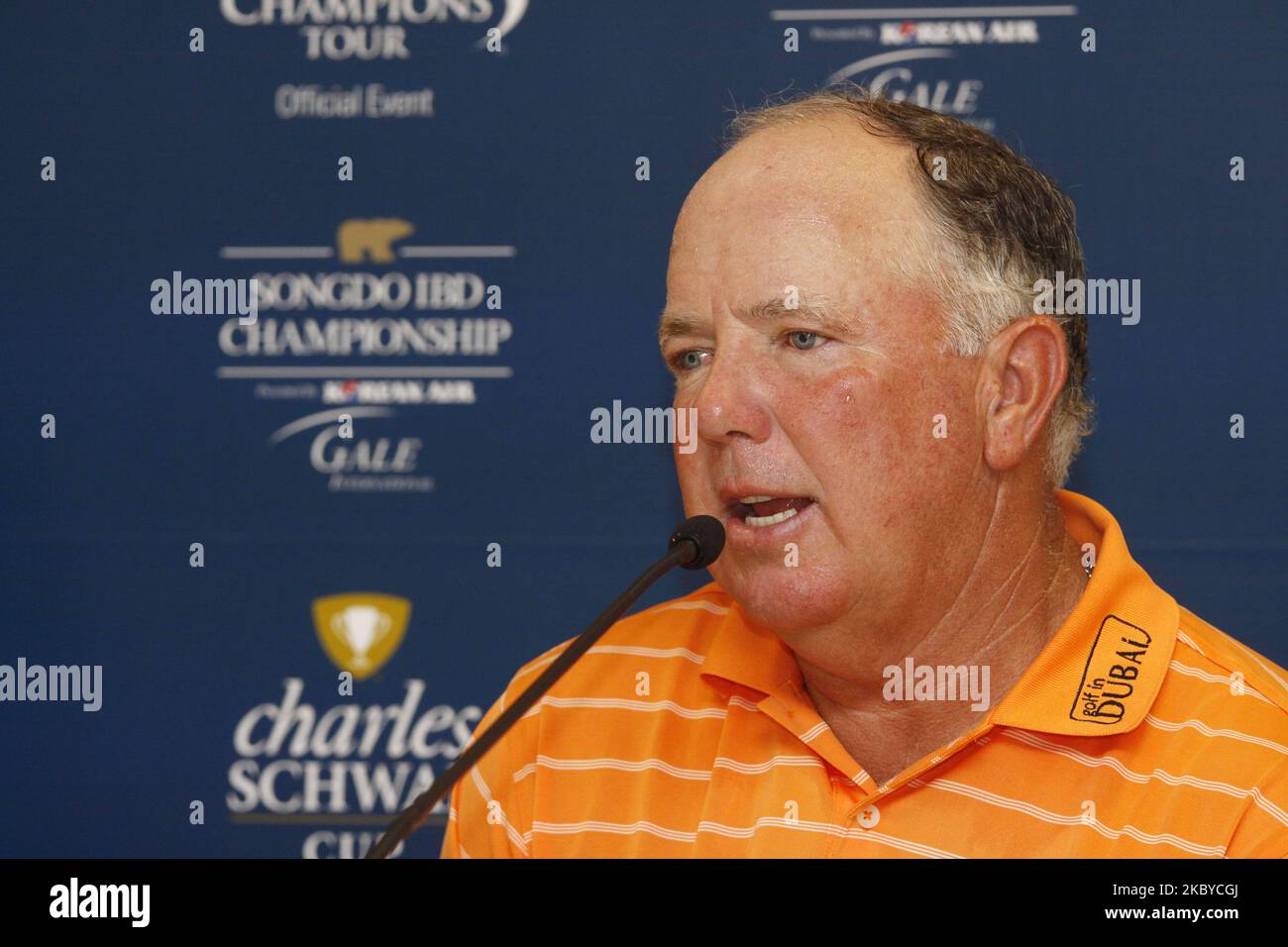 Mark O'mera assiste à une conférence de presse lors du PGA Tour Songdo IBD Championship à Incheon, à l'ouest de Séoul, le 5 septembre 2011, en Corée du Sud. Le Championnat Songdo IBD est un tournoi de golf sur la Champions Tour. Il a été joué pour la première fois en tant que Championnat Posco E&C Songdo en septembre 2010 au Jack Nicklaus Golf Club Korea à Songdo, en Corée du Sud. C'était le premier tournoi du Champions Tour en Asie. En 2010, la bourse s'élevait à 3 000 000 dollars américains, et $450 000 ont été regagnant. C'était le plus grand sac à main jamais pour un événement Champions Tour. (Photo de Seung-il Ryu/NurPhoto) Banque D'Images