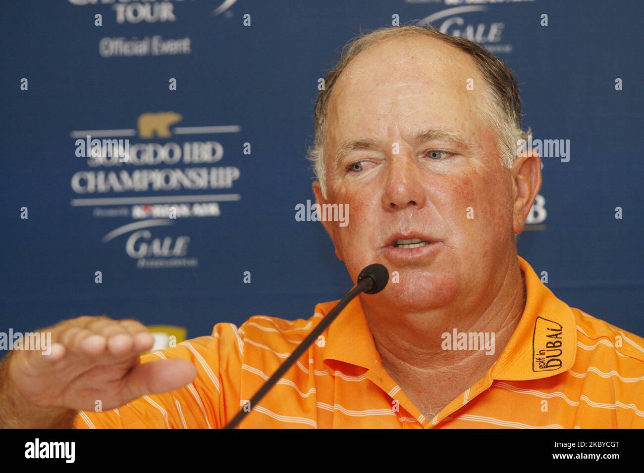 Mark O'mera assiste à une conférence de presse lors du PGA Tour Songdo IBD Championship à Incheon, à l'ouest de Séoul, le 5 septembre 2011, en Corée du Sud. Le Championnat Songdo IBD est un tournoi de golf sur la Champions Tour. Il a été joué pour la première fois en tant que Championnat Posco E&C Songdo en septembre 2010 au Jack Nicklaus Golf Club Korea à Songdo, en Corée du Sud. C'était le premier tournoi du Champions Tour en Asie. En 2010, la bourse s'élevait à 3 000 000 dollars américains, et $450 000 ont été regagnant. C'était le plus grand sac à main jamais pour un événement Champions Tour. (Photo de Seung-il Ryu/NurPhoto) Banque D'Images