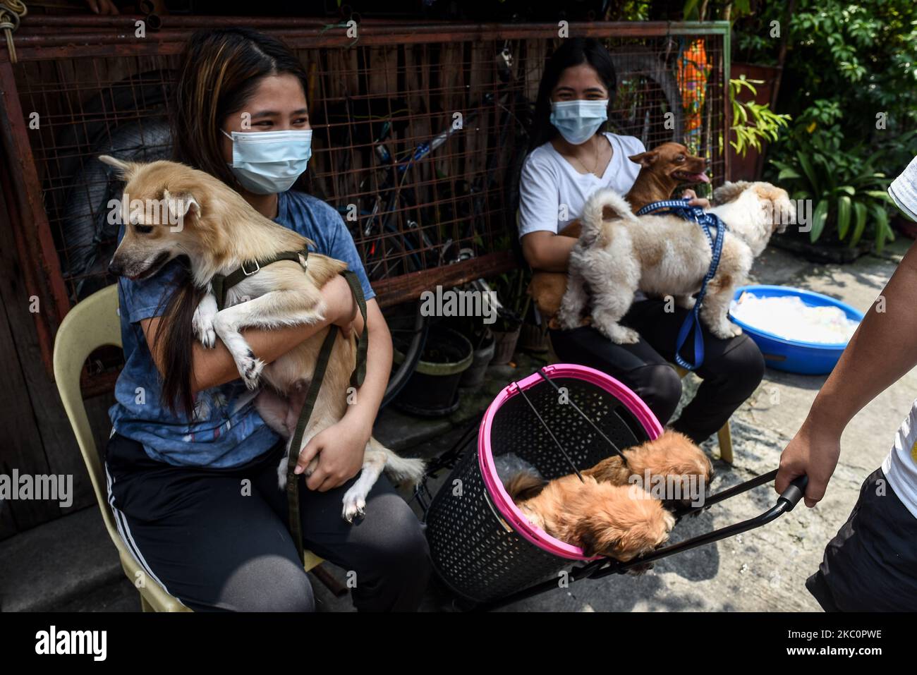 Les personnes qui portent leurs animaux font la queue pour avoir accès gratuitement au vaccin contre la rage et au vermifuges à l'occasion de la Journée mondiale de la rage à 28 septembre 2020, à Manille, aux Philippines.(photo de Lisa Marie David/NurPhoto) Banque D'Images