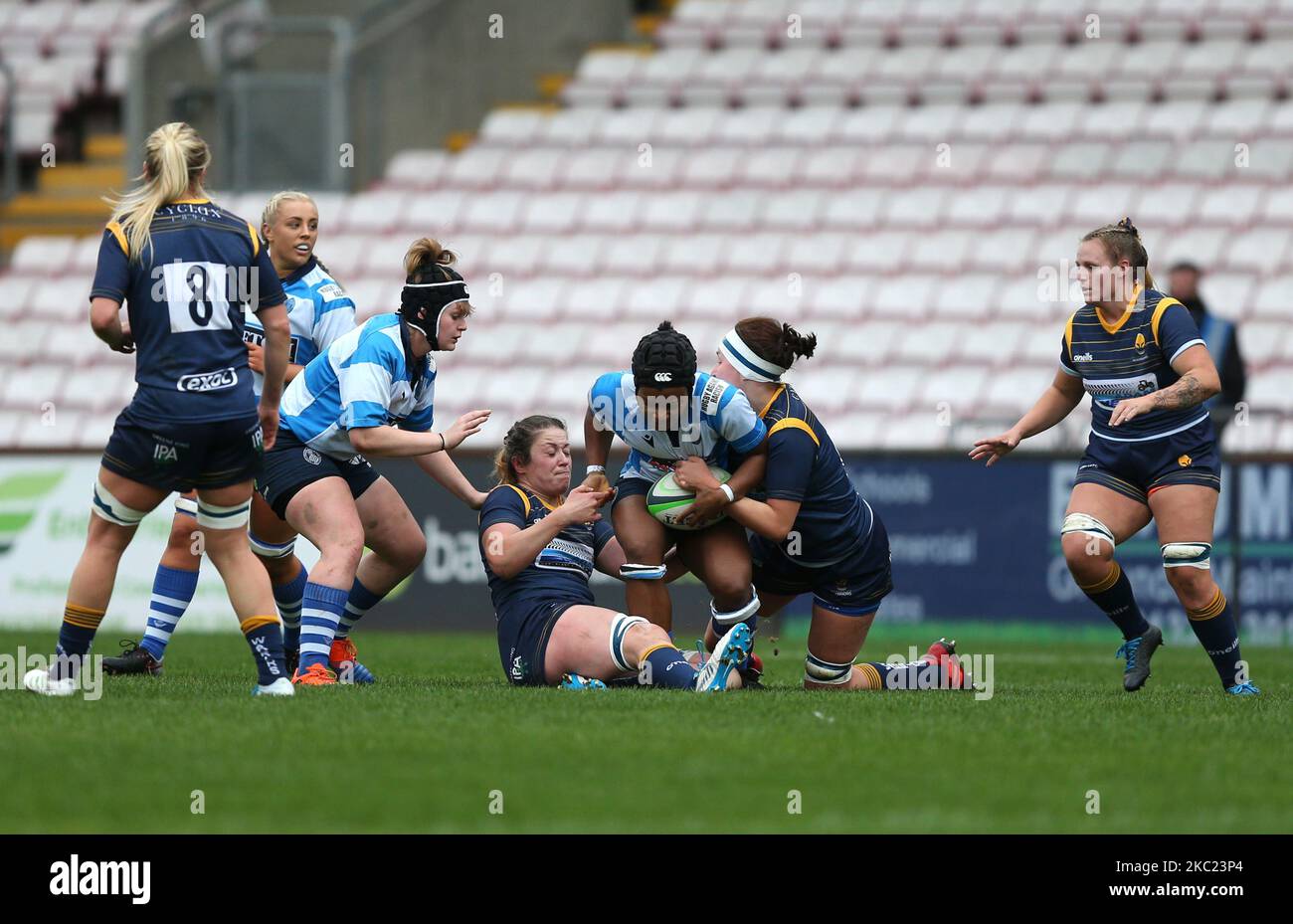 Tiana Gordon de Darlington Mowden Park Sharks est affronté lors du match FÉMININ ALLIANZ PREMIER 15S entre Darlington Mowden Park Sharks et Worcester Warriors à la Northern Echo Arena de Darlington, le samedi 17th octobre 2020. (Photo de Chris Booth/MI News/NurPhoto) Banque D'Images