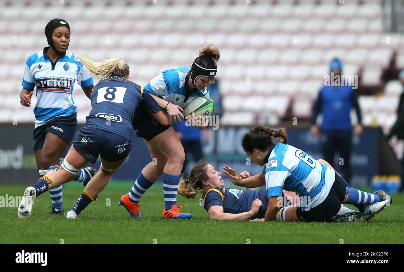 Alana Bainbridge, de Darlington Mowden Park Sharks, et Alex Matthews, de Worcester Warriors Women, lors du match FÉMININ ALLIANZ PREMIER 15S entre Darlington Mowden Park Sharks et Worcester Warriors à la Northern Echo Arena, à Darlington, le samedi 17th octobre 2020. (Photo de Chris Booth/MI News/NurPhoto) Banque D'Images