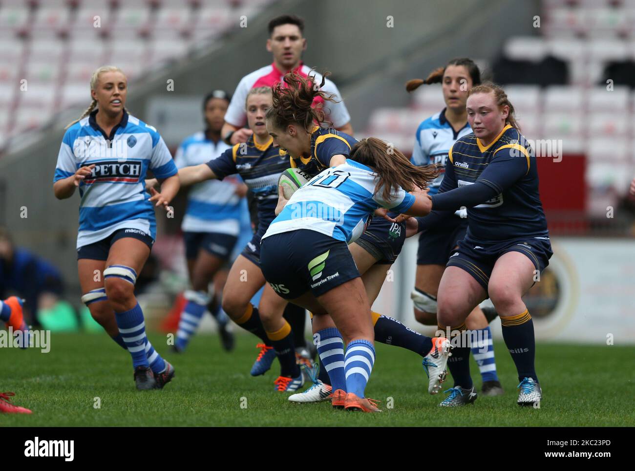 Kenny Thomas de Darlington Mowden Park Sharks et Abi Kershaw de Worcester Warriors Womtening le match FÉMININ ALLIANZ PREMIER 15S entre Darlington Mowden Park Sharks et Worcester Warriors à la Northern Echo Arena, Darlington, le samedi 17th octobre 2020. (Photo de Chris Booth/MI News/NurPhoto) Banque D'Images