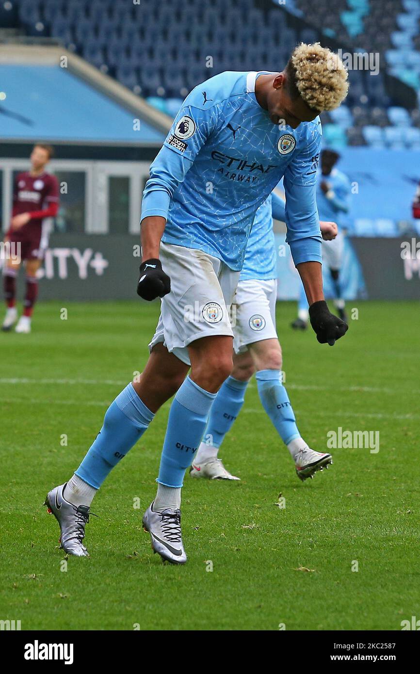 Citys Felix Nmecha fête sa création 3-0 lors du match Premier League 2 entre Manchester City et Leicester City au stade Academy, Manchester, Angleterre, le 18th octobre 2020. (Photo de Chris Donnelly/MI News/NurPhoto) Banque D'Images