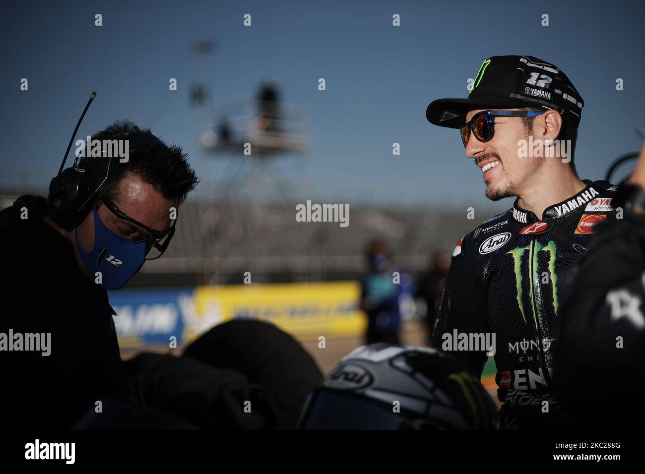 Maverick Vinales (12) d'Espagne et Monster Energy Yamaha MotoGP pendant le MotoGP d'Aragon au Motorland Aragon circuit sur 18 octobre 2020 à Alcaniz, Espagne. (Photo de Jose Breton/Pics action/NurPhoto) Banque D'Images