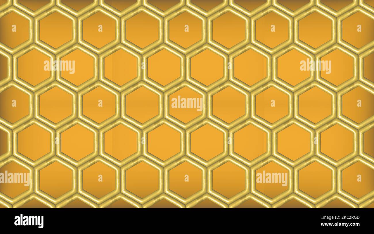 Motif hexagonal 3D avec nid d'abeilles. jaune doré, modèle de design graphique rendu 3D, arrière-plan, papier peint Banque D'Images