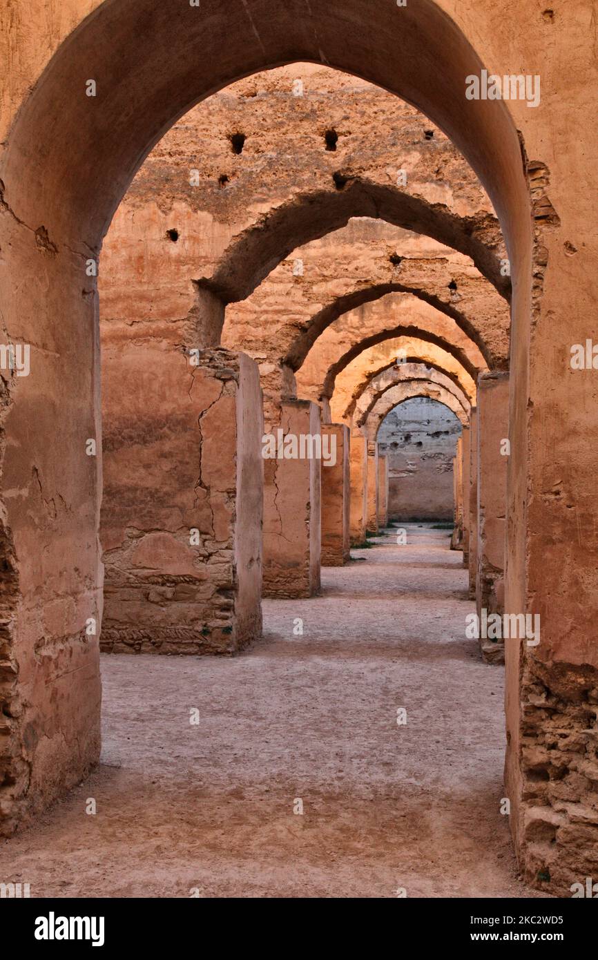 Granary royale Heri es-Souani dans la ville de Meknes, au Maroc. Heri es Souani (Heri es-Souani) est un ancien grenier royal construit au 17th siècle par le sultan Moulay Ismail. Le grenier royal a été construit pour résister à un siège d'une décennie et avait des murs massifs (4m d'épaisseur) avec des plafonds voûtés et un système souterrain d'eau douce. Les hauts plafonds et les petites fenêtres ont gardé le complexe frais en été et chaud en hiver, et ont aidé la circulation de l'air (important pour empêcher la détérioration du grain). Le grenier a entreposé le grain et le foin pour les écuries royales adjacentes. Une armée de chats a aidé à contrôler les rongeurs. Banque D'Images