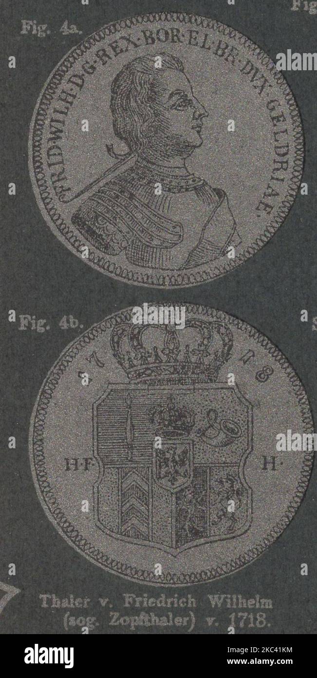 Antique 19th Century allemagne numismatique catalogue illustré avec des techniques d'impression intéressantes / Antiker numismatischer illustrierter Katalog aus dem 19. Jahrhundert mit interessanter Drucktechnik : Thaler v. Friedrich Wilhelm (sog. Zopfthaler ) v. 1718 / Thaler de Friedrich Wilhelm (appelé Zopfthaler ) de 1718 / Frederick William I de Prusse Banque D'Images