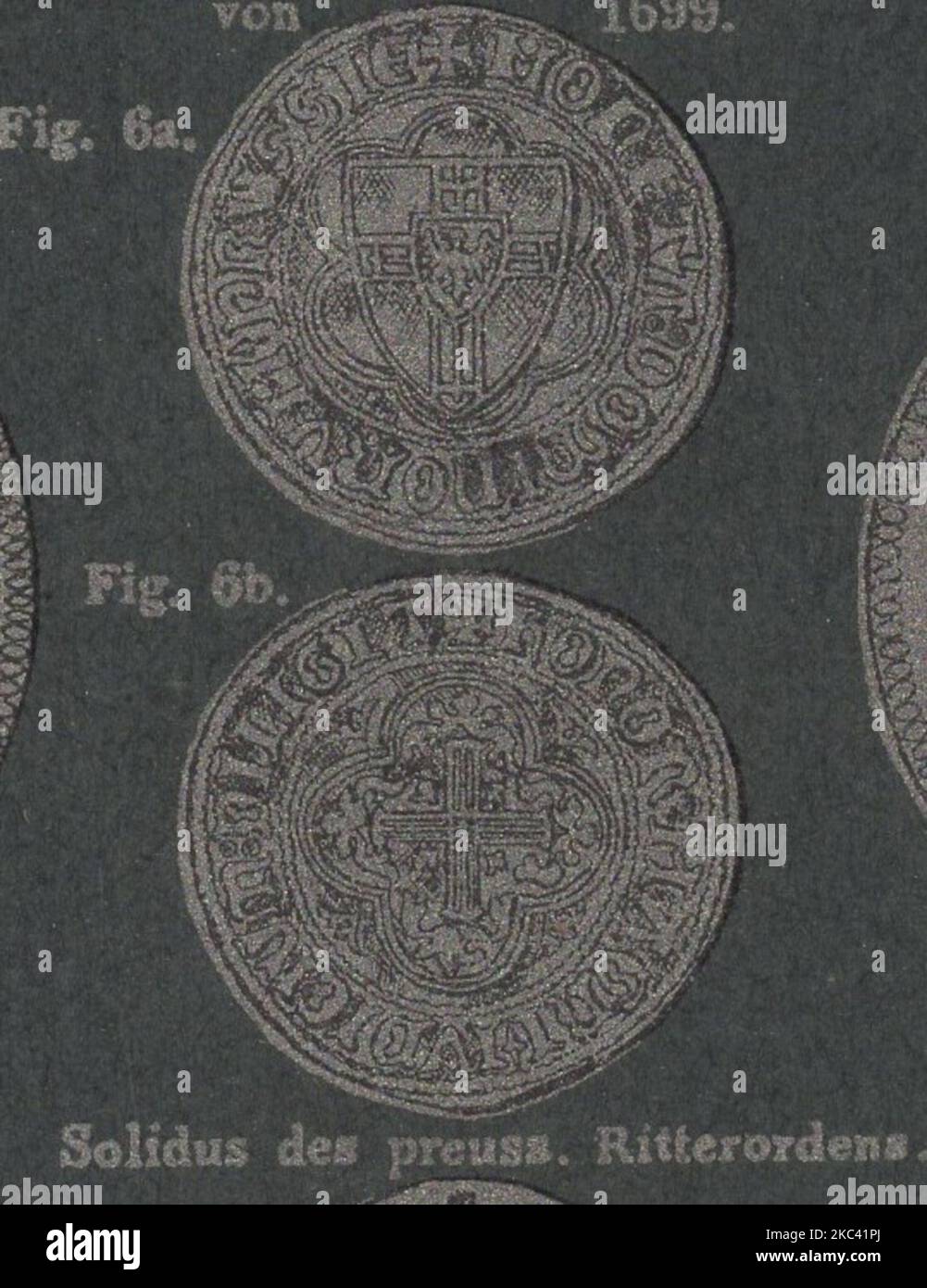 Antique 19th Century allemagne numismatique catalogue illustré avec des techniques d'impression intéressantes / Antiker numismatischer illustrierter Katalog aus dem 19. Jahrhundert mit interessanter Drucktechnik : Solidus des preuss. Ritterordens / Solidus du Pruss. Ritterordens Banque D'Images