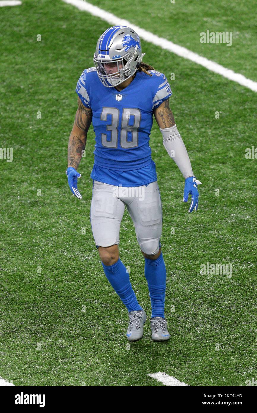 Le cornerback des Detroit Lions Mike Ford (38) est vu pendant la deuxième moitié d'un match de football de la NFL contre l'équipe de football de Washington à Detroit, Michigan, États-Unis, dimanche, 15 novembre 2020. (Photo de Jorge Lemus/NurPhoto) Banque D'Images