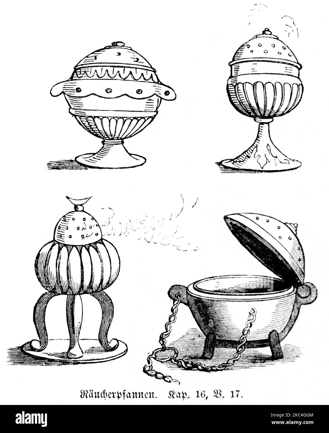 Différents brûleur d'encens, verschiedene Räucherpfannen, Moses du quatrième Livre, Chapitre 16, verset 17 Banque D'Images