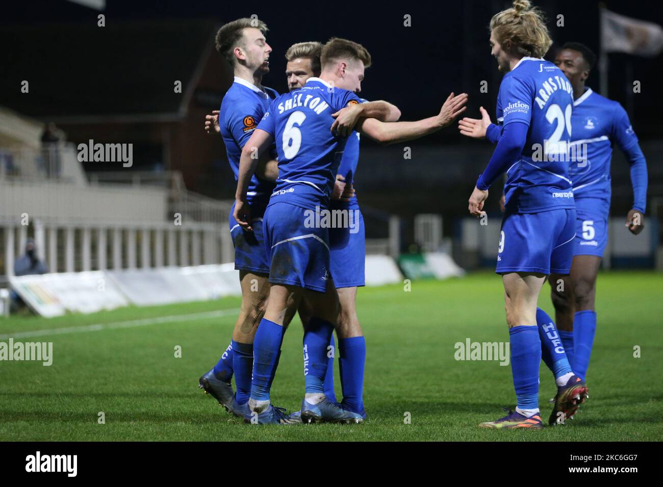 Rhys Oates of Hartlepool United fête avec Mark Shelton après avoir marqué son deuxième but lors du match de la Vanarama National League entre Hartlepool United et FC Halifax Town à Victoria Park, Hartlepool, le samedi 26th décembre 2020. (Photo de Mark Fletcher/MI News/NurPhoto) Banque D'Images