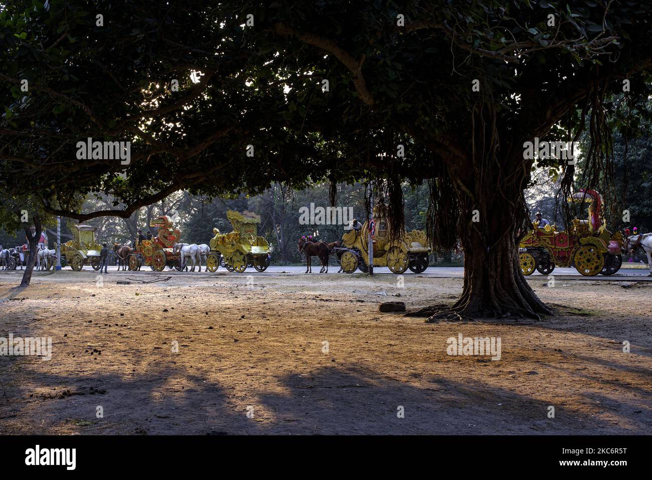 Des chars décorés attendent des clients mais il y avait très peu de personnes présentes pour célébrer le dernier jour de l'année à Kolkata, en Inde, sur 31 décembre 2020. La foule habituelle était très moins importante dans la région de maidan que les années précédentes en raison de la situation de la COVID. (Photo de Dipayan Bose/NurPhoto) Banque D'Images