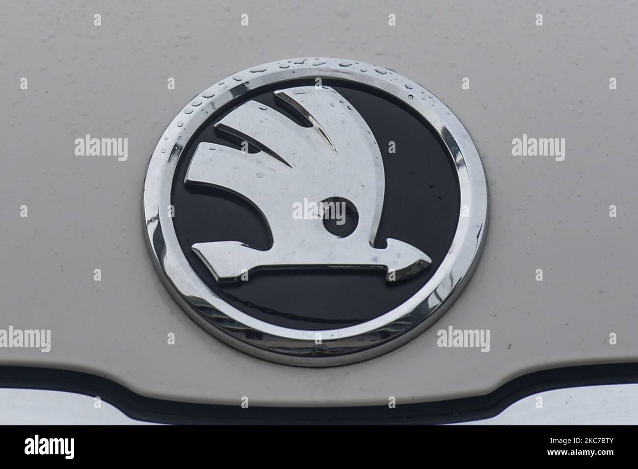 Un logo Skoda visible sur une voiture garée dans le centre-ville de Dublin. Mardi, 11 janvier 2021, à Dublin, Irlande. (Photo par Artur Widak/NurPhoto) Banque D'Images