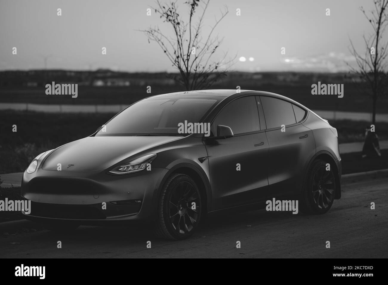 Une image spectaculaire en noir et blanc d'un modèle y Tesla stationné sur la route Banque D'Images
