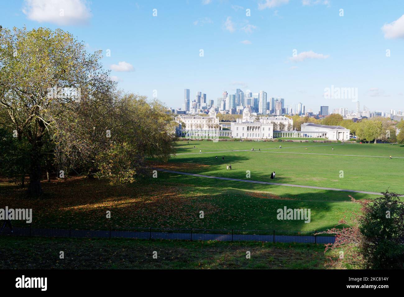 Greenwich Park en automne avec des feuilles sur le sol, en regardant vers les bâtiments de l'université et Canary Wharf derrière, Greenwich, Londres Banque D'Images