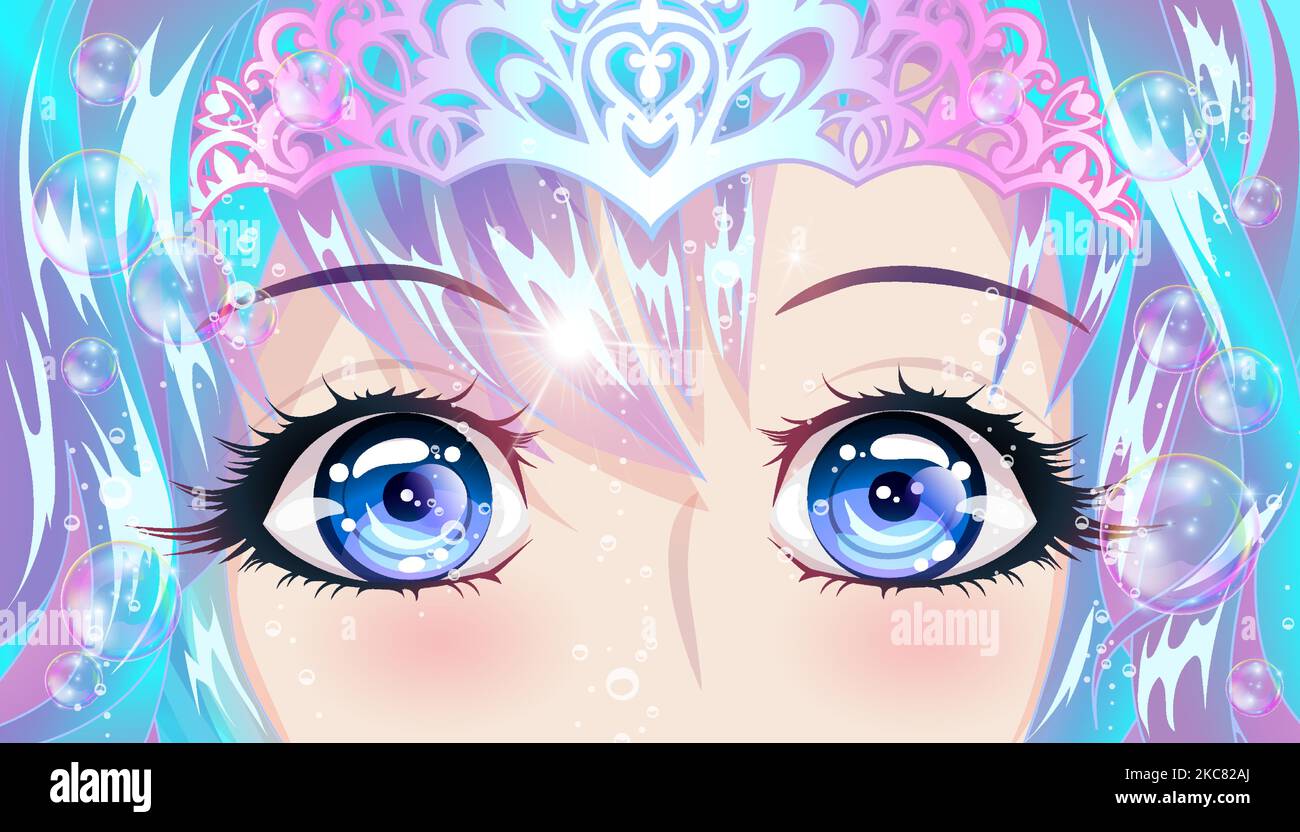Jolie fille avec cheveux bleus et yeux bleus dans le style anime. Illustration vectorielle. Illustration de Vecteur