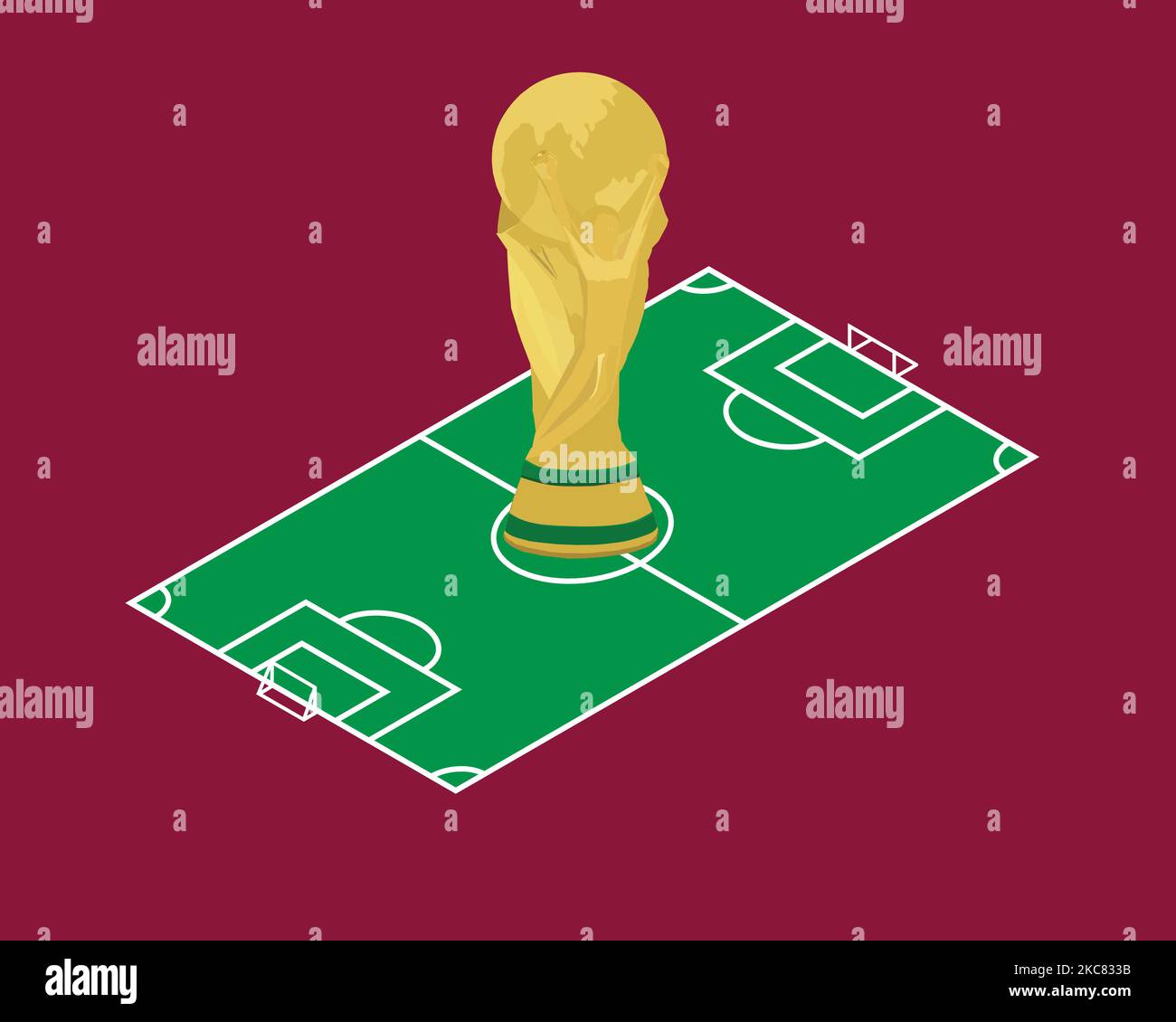 Illustration isométrique du terrain de football et du trophée de la coupe du monde de la Fifa en couleur drapeau du Qatar. Illustration de Vecteur
