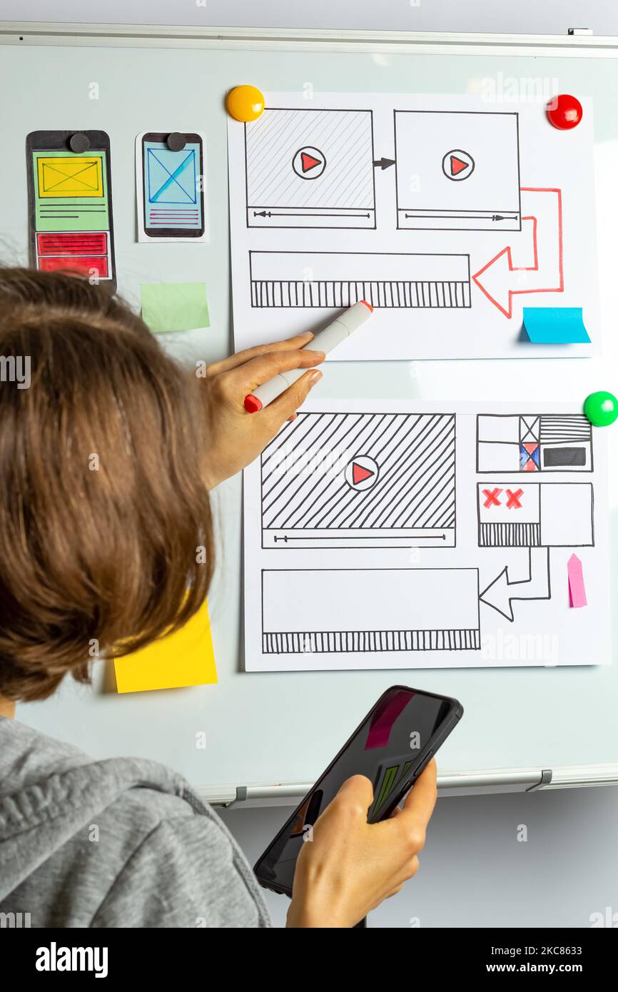 Le concepteur de site Web crée une esquisse de l'application. Développement du projet de disposition d'interface. Expérience utilisateur. Banque D'Images