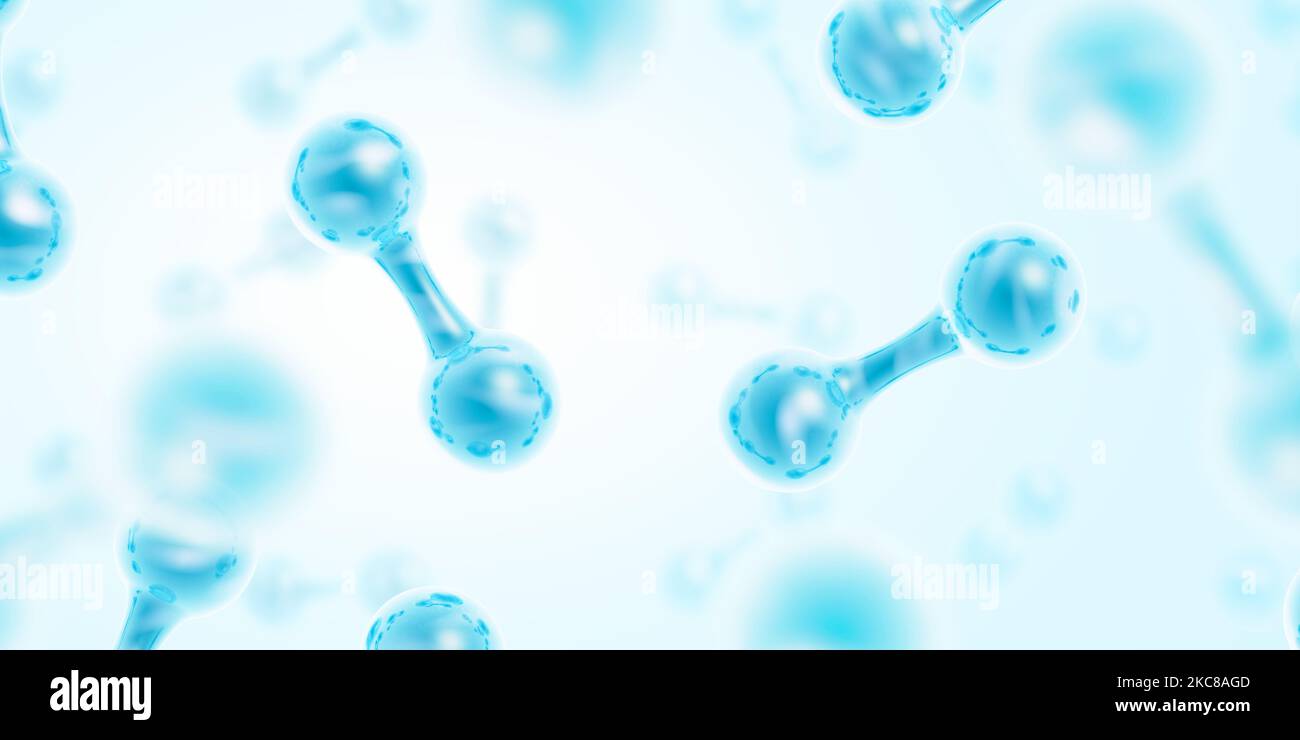 Énergie verte de l'hydrogène. H2 molécules de gaz. Énergie propre. Source d'énergie renouvelable. Écologique. Couleur bleue. 3d illustration. Banque D'Images