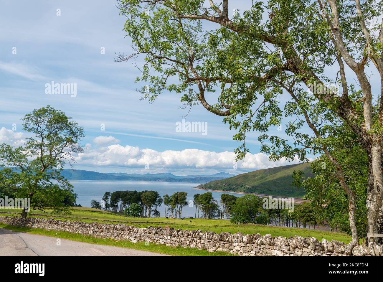 Beau temps d'été, paisible scène rurale avec le soleil vif, herbe verte, arbres bordés de feuilles, ciel bleu, calme APPLECROSS baie dans le fond. Banque D'Images