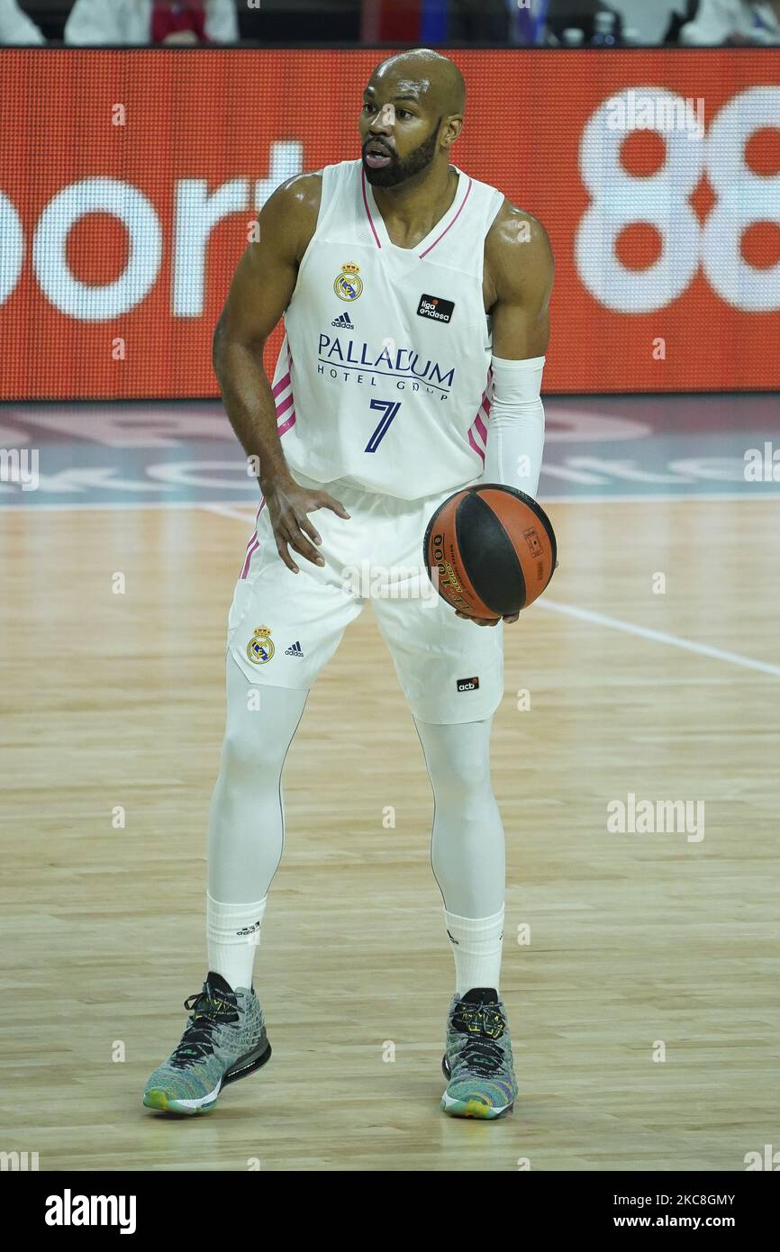 Alex Tyus de Real Madrid gestes pendant le match de basket-ball de la Ligue ACB joué entre Real Madrid et Herbalife Gran Canaria au stade WiZink Centre sur 31 janvier 2021 à Madrid, Espagne. (Photo par Oscar Gonzalez/NurPhoto) Banque D'Images