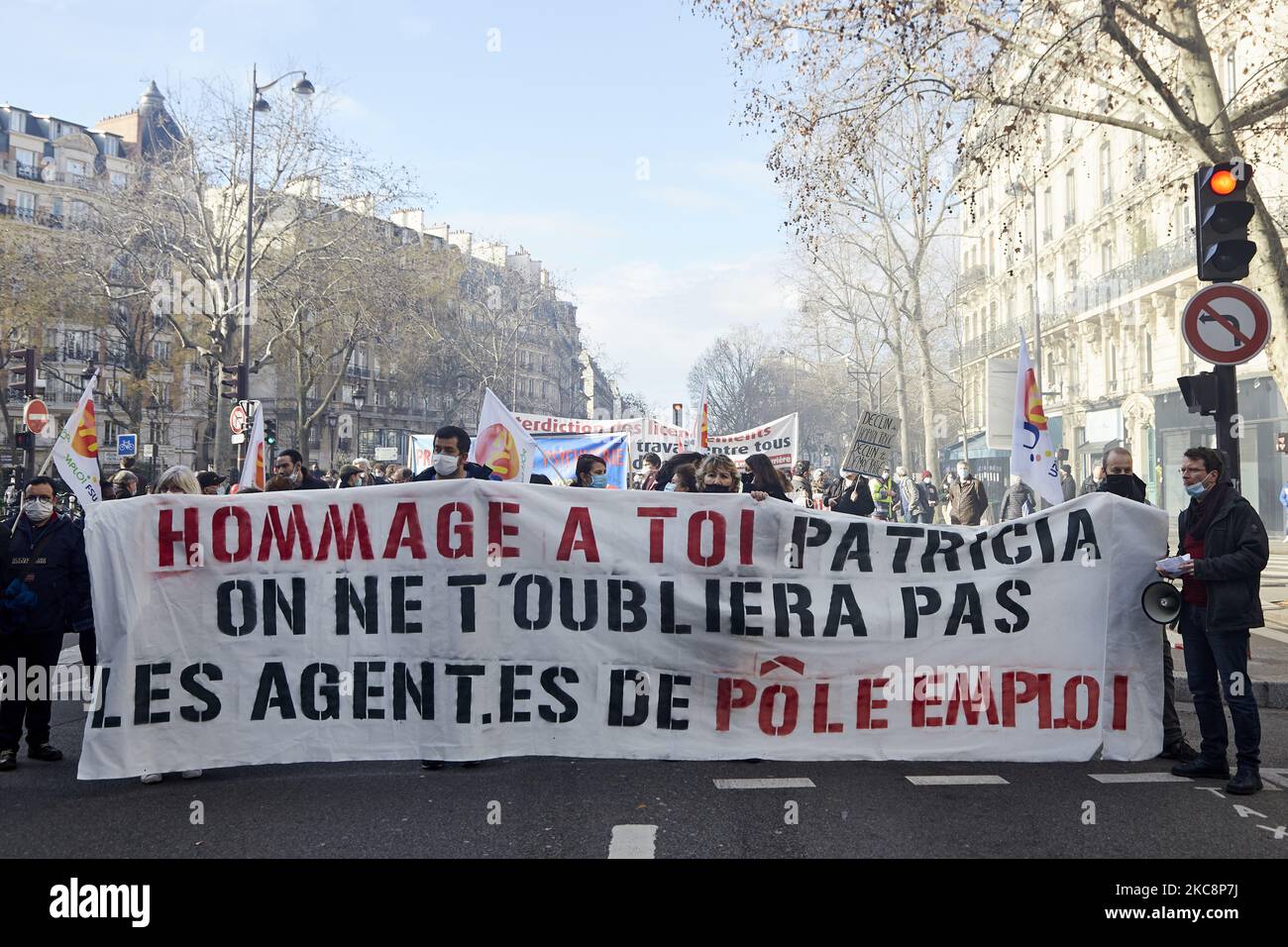 Manifestation intersyndicale à Paris pour la protection de l'emploi et de la fonction publique à Paris, France, sur 4 février 2021. (Photo par Adnan Farzat/NurPhoto) Banque D'Images