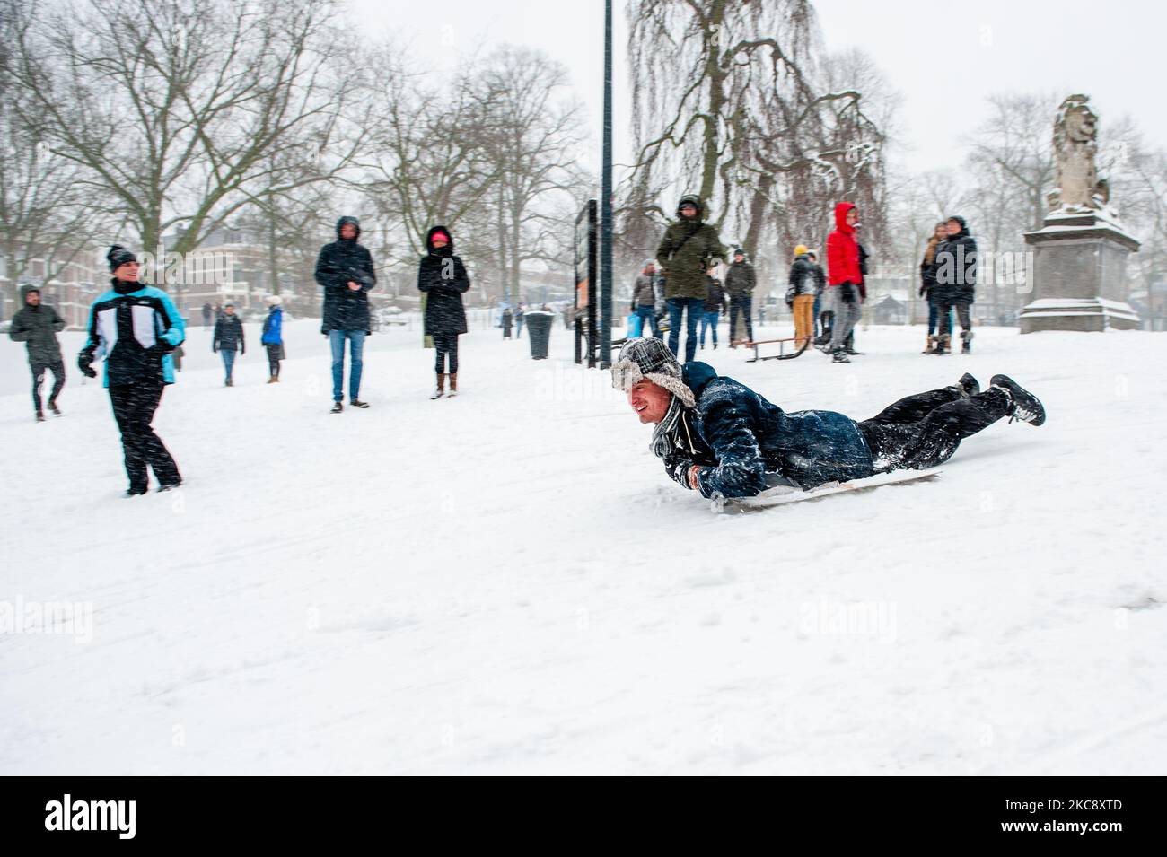 Un homme profite d'une promenade en traîneau au parc neigeux, pendant la tempête de neige appelée Darcy, à Nimègue, sur 7 février 2021. (Photo par Romy Arroyo Fernandez/NurPhoto) Banque D'Images